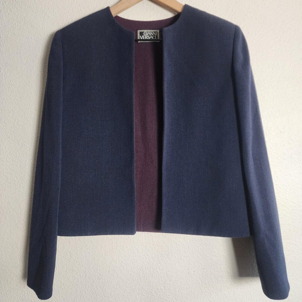 VINTAGE Gianni Versace Couture Jacket Womens 40 Navy Collarless Made Italy 90s
